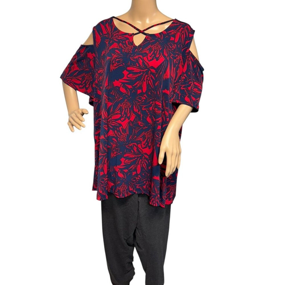 Catherines Plus Red/Navy Tropical Floral Open-Shoulder Blouse 2X, 22/24W